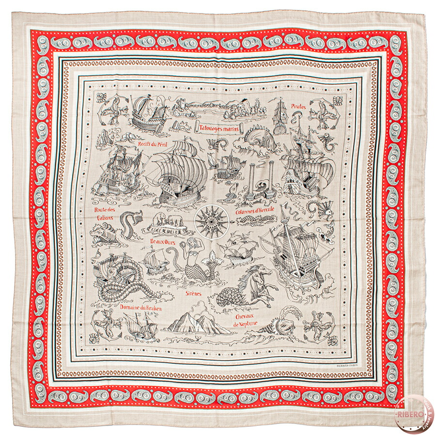 【百貨店SALE】【未当て嵌める】HERMES エルメス えり巻き カレ140 カレジェアン Tatouages Marins Bandana 乗り組み員のタトゥー バンダナ 243374S 06 カレ140 2024SS カシミール 地絹 ベージュ 赤いこと【中古】