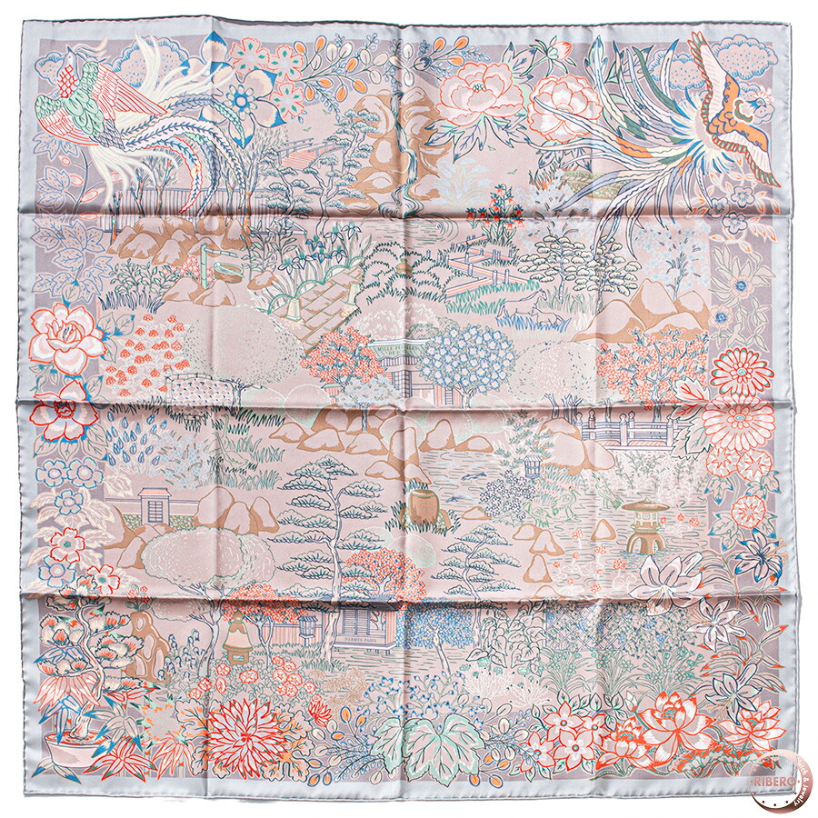 【未当て嵌める】HERMES エルメス えり巻き カレ90 Mille Feuilles de Soie ミルフィーユ・ドゥ・ソワ 904126S 01 地絹 薄墨色 マルチ色つや【中古】