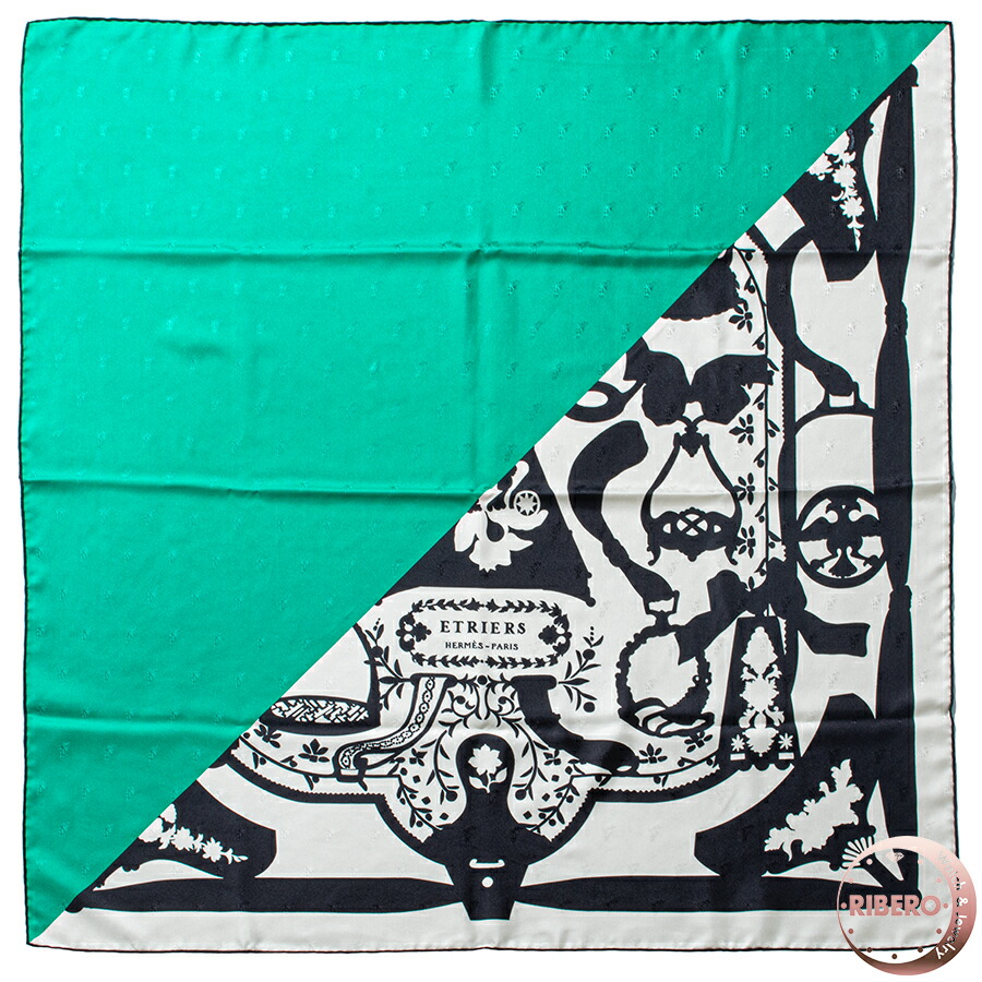 HERMES エルメス カレ90　Etriers Tattoo 鐙 タトゥー スカーフ グリーン ブラック【中古】