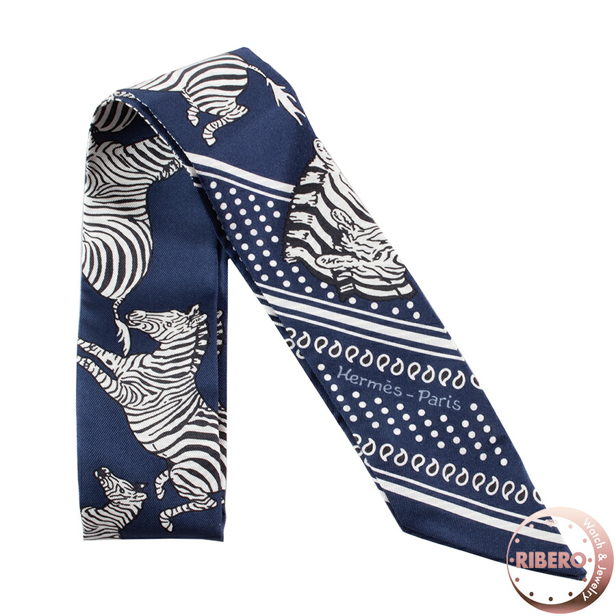 HERMES エルメス ツイリー Les Zebres Bandana ゼブラ バンダナ 063265S 03 スカーフ シルク ネイビー ホワイト【中古】