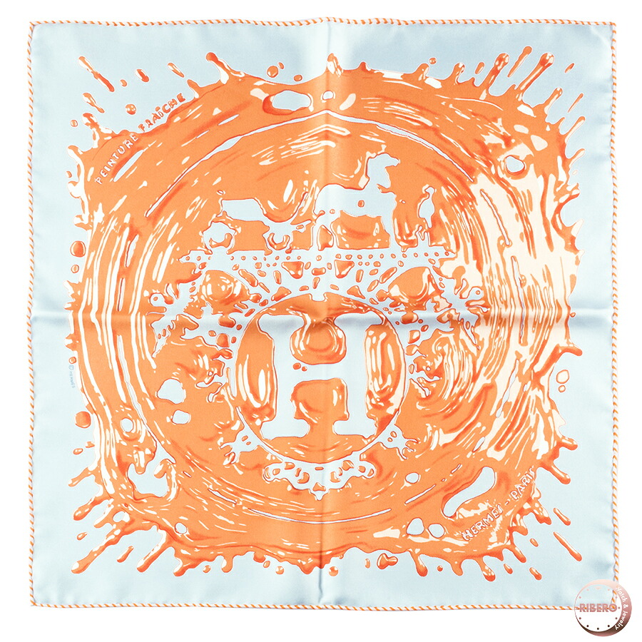 HERMES エルメス ガヴロッシュ Peinture Fraiche ペンキ塗りたて 892685S 02 スカーフ カレ45 ブルー オレンジ【中古】 21,560円
