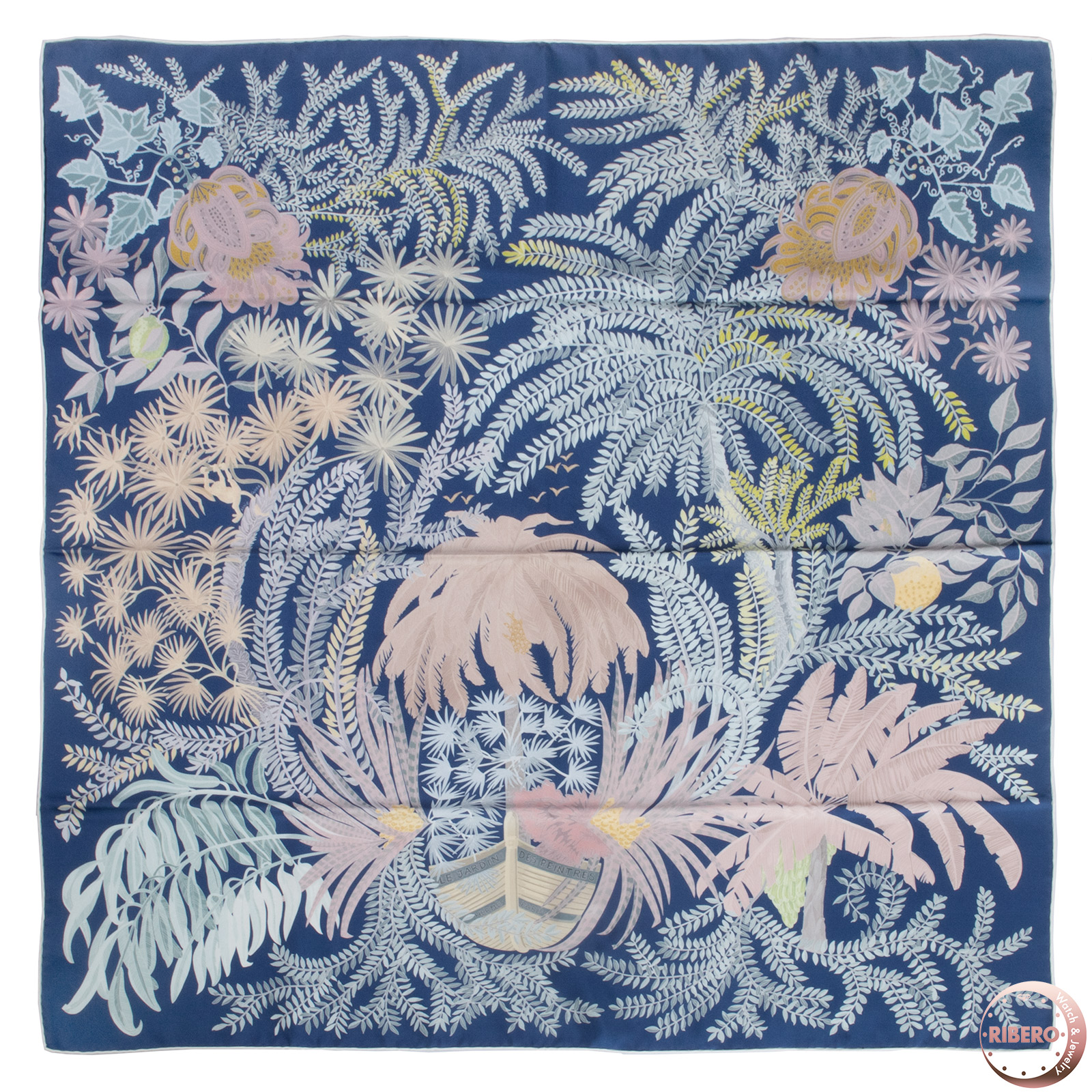【百貨店SALE】HERMES エルメス えり巻き カレ90 Double Face Le Jardin des Peintres カレ ダブル人間の顔 90 ペンキ屋たちの庭 903908S 05 2023SS 絹地 青碧 マルチ色合い【中古】