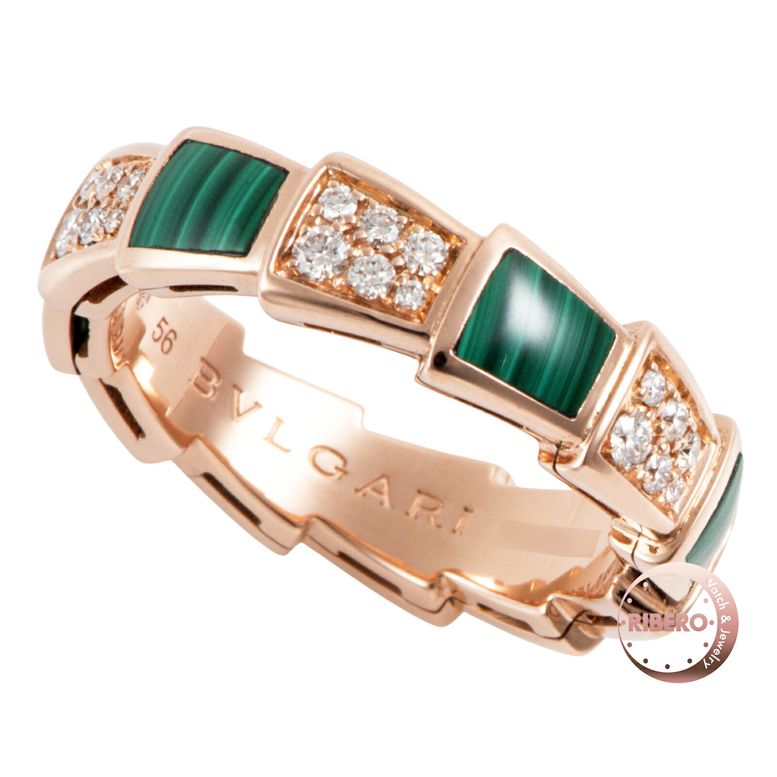 BVLGARI ブルガリ セルペンティ ヴァイパー リング 355026 指輪 16号 K18PG ダイヤモンド マラカイト ピンク ゴールド【中古】