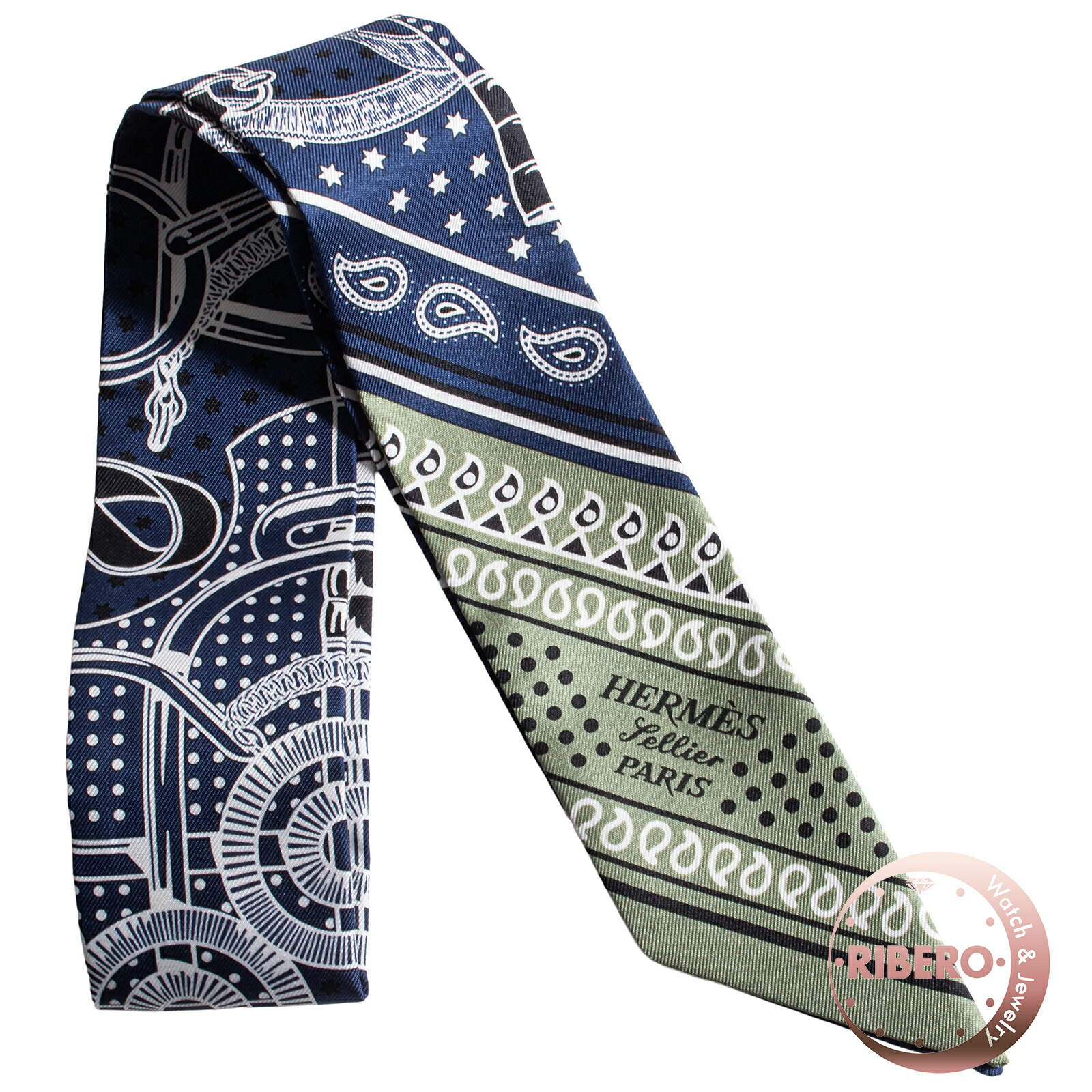 HERMES エルメス ツイリー Eperon d'Or Bandana エプロン ドール バンダナ 062978S 01 スカーフ 2024SS シルク ネイビー グリーン【中古】
