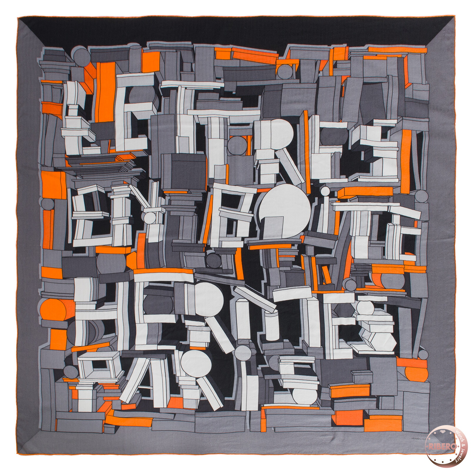 HERMES エルメス えり巻き カレ140 カレジェアン Lettres en Boite レットル アン ボワット 553769T 14 肩かけ 袈裟 カシミール 地絹 薄墨色 オレンジ色【中古】