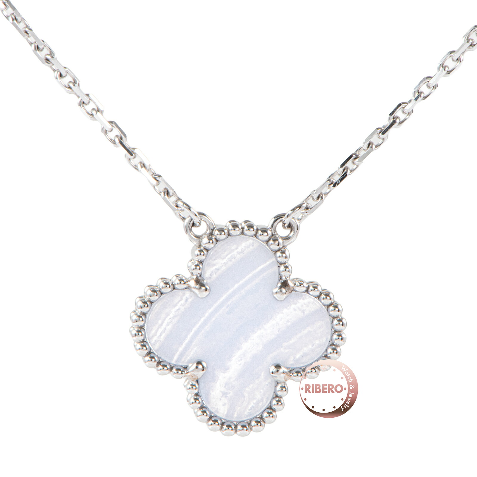 Van Cleef & Arpels ヴァンクリーフ&アーペル ヴィンテージ アルハンブラ ペンダント VCARD34900 ネックレス K18WG カルセドニー シルバー ブルー【中古】|RIBERO店