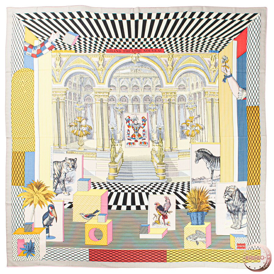 【未当て嵌める】HERMES エルメス えり巻き カレ140 カレジェアン Grand Theatre Nouveau グラン 芝居小屋 ヌーヴォー 243761S 11 袈裟 カシシル カシミール 地絹 黒いこと 黄色【中古】