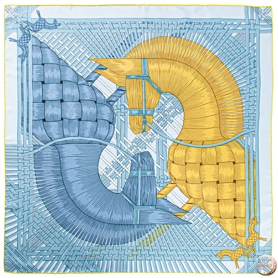 【未当て嵌める】HERMES エルメス えり巻き カレ90 Masan \u0026 Masan マサン・マサン 003684S 16 2021AW 地絹 青碧 黄色【中古】