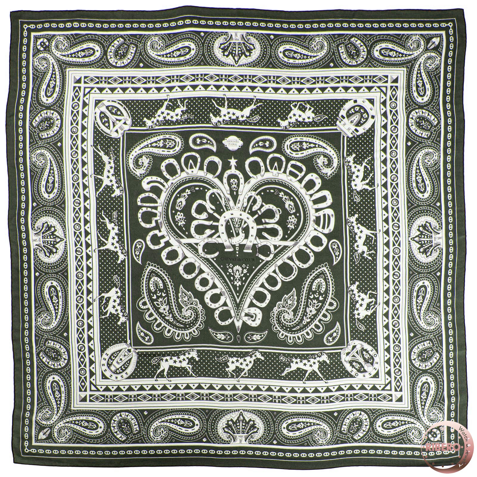HERMES エルメス スカーフ カレ140 カレジェアン Cheval de Coeur Bandana シュバル ドゥ クール バンダナ 244259S 02 カシシル ストール ショール カシミヤ シルク グリーン ホワイト【中古】｜RIBERO店