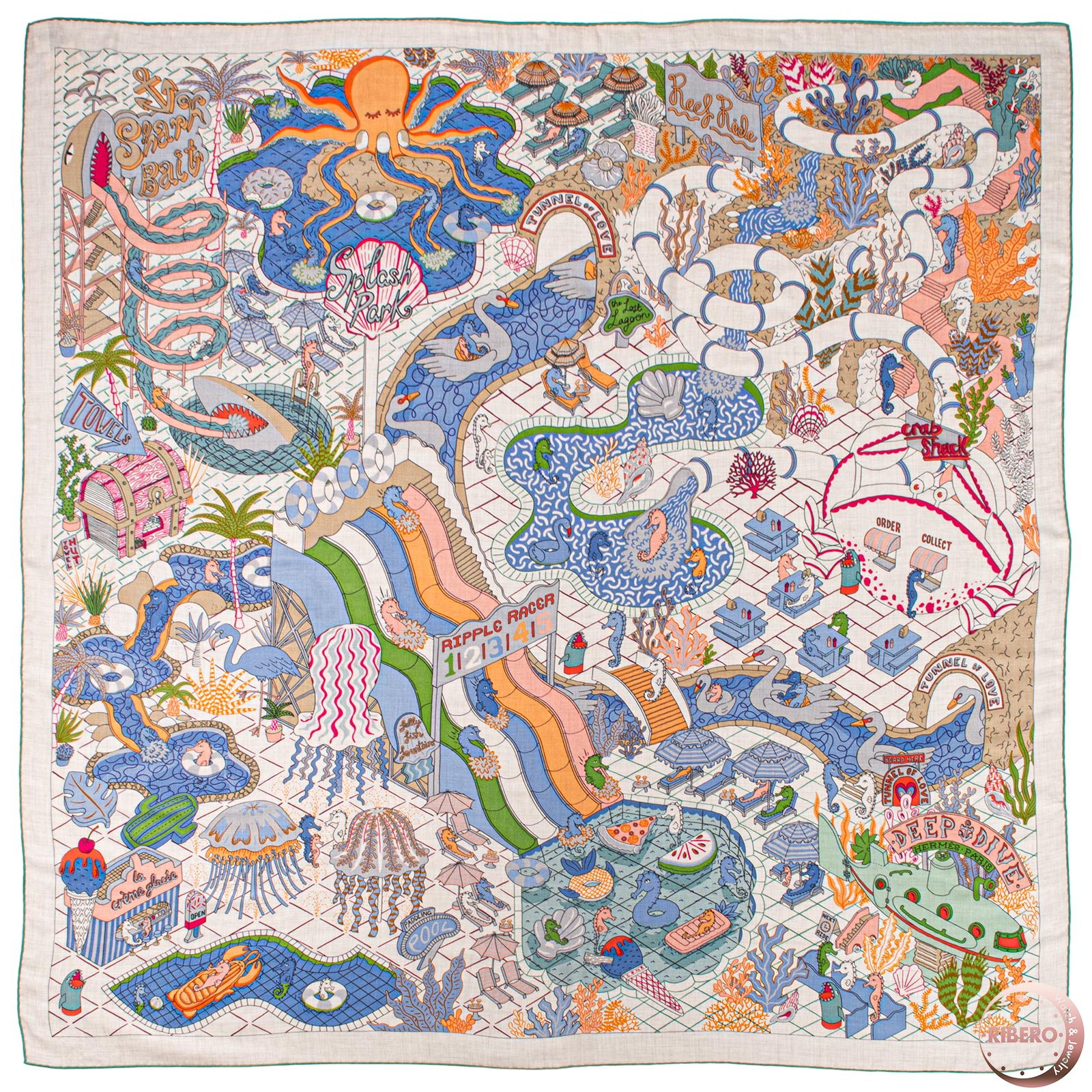 【未当て嵌める】HERMES エルメス えり巻き カレ140 カレジェアン Splash Park スプラッシュ運動場 243806S 06 カシシル 肩かけ 袈裟 カシミール 地絹 ベージュ マルチ色つや【中古】