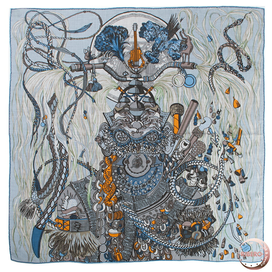 HERMES エルメス えり巻き カレ100 Wild Rhythm ワイルド・音楽的リズム 104000T 05 2023AW カシミール 地絹 青碧 薄墨色【中古】
