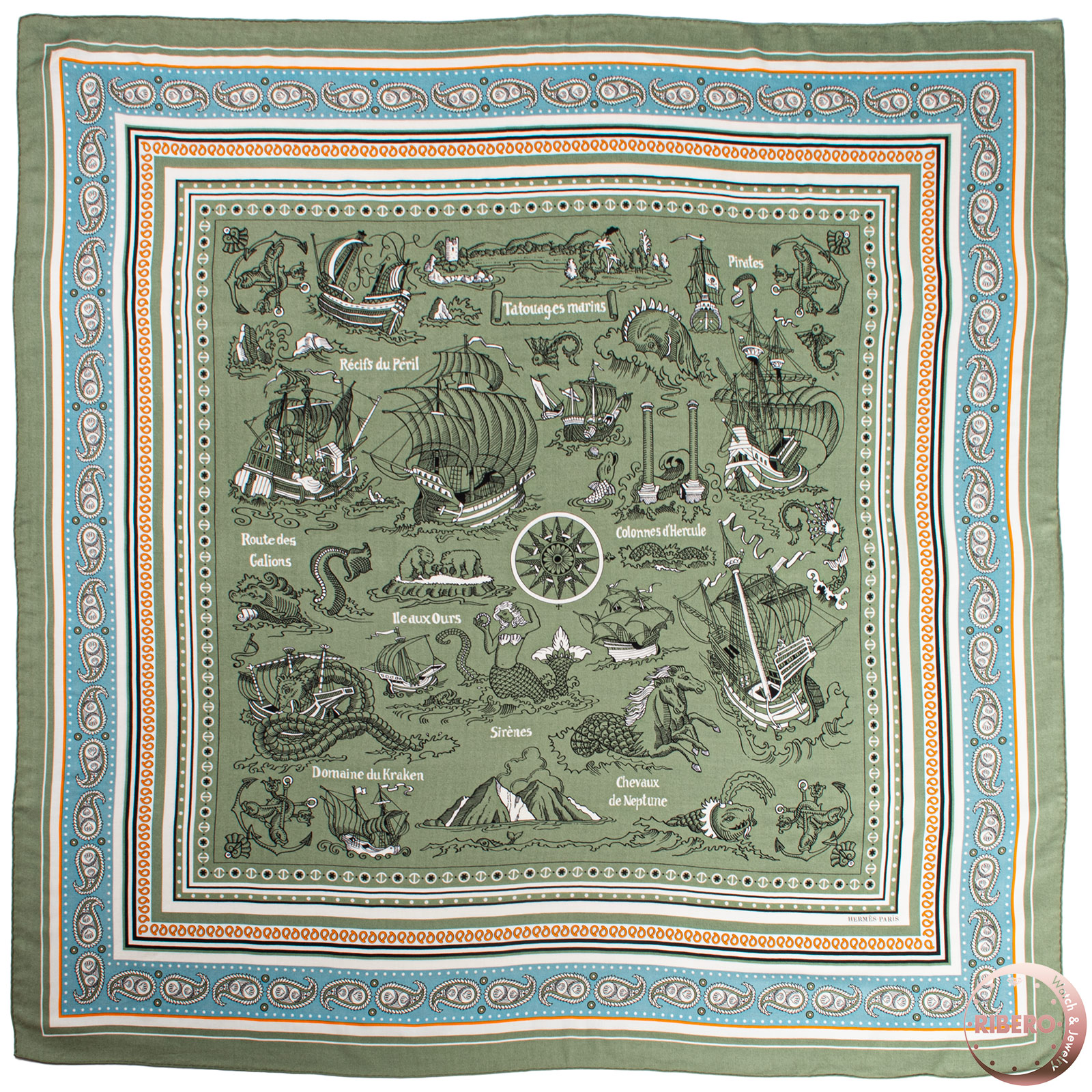 【未使用】HERMES エルメス スカーフ カレ140 カレジェアン Tatouages Marins Bandana 船乗りのタトゥー バンダナ 243374S 01 ストール ショール カシミヤ シルク グリーン マルチカラー【中古】｜RIBERO店 102,600円