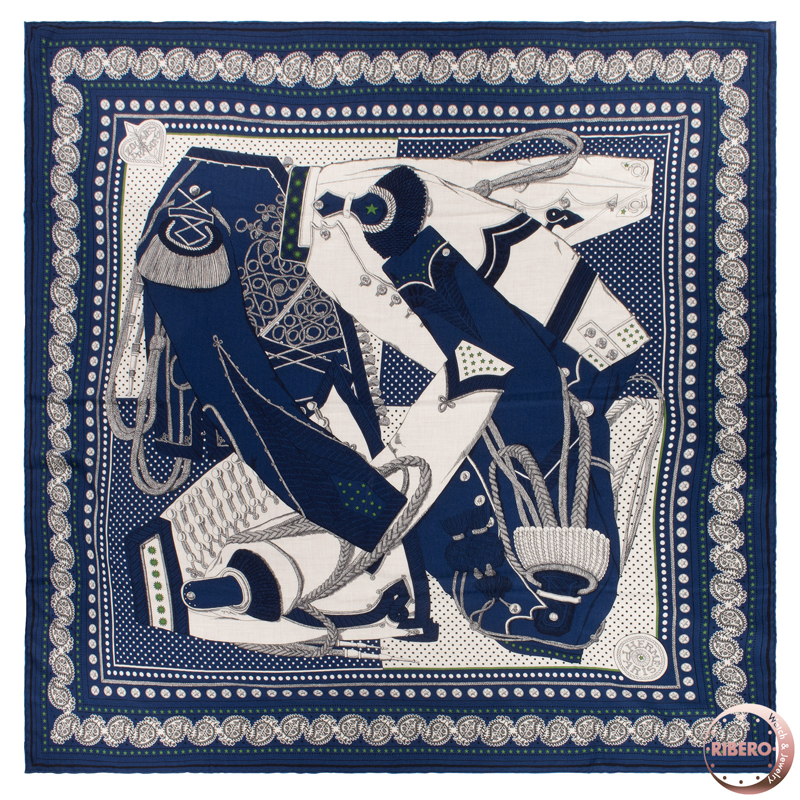 HERMES エルメス えり巻き カレ140 カレジェアン Zouaves et Dragons Bandana ズアヴとドラゴン・バンダナ 244048S 06 カシシル 袈裟 肩かけ 2023AW カシミール 地絹 米国海軍 ベージュ【中古】