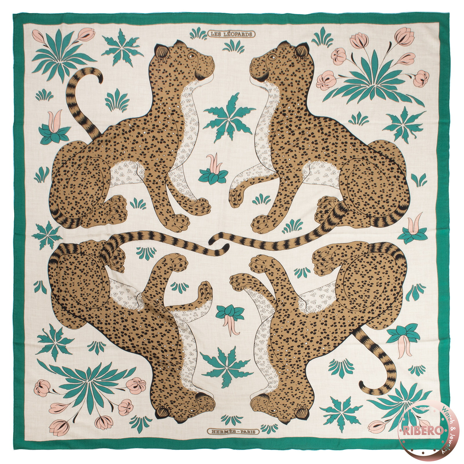 HERMES エルメス えり巻き カレ140 カレジェアン Les Leopards レオパード カシシル 袈裟 肩かけ カシミール 地絹 ベージュ 緑であること【中古】