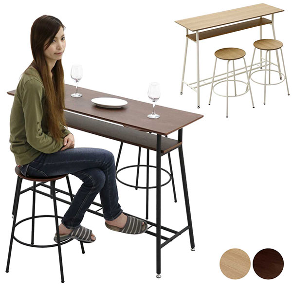 楽天市場 カウンターテーブルセット 2人 幅1cm 1x40 バーカウンターテーブル セット 自宅 カウンター3点セット ハイテーブル ウォルナット突板 オーク突板 天然木 スチール脚 収納棚 固定棚 カウンタースツール 2脚 円形 ブラウン ナチュラル 足置き ステップバー