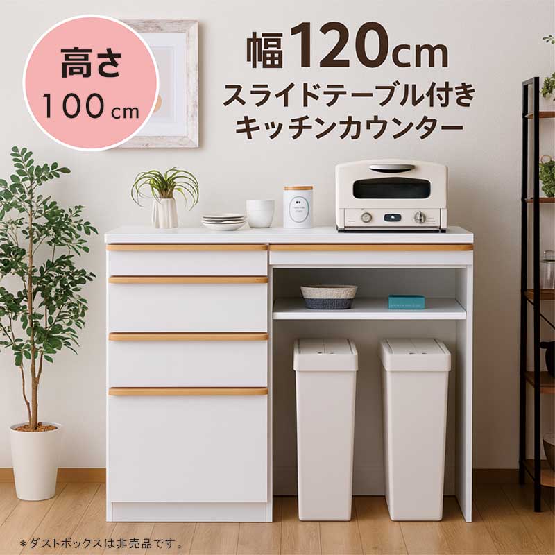 キッチンカウンター ゴミ箱収納 スライドテーブル付き 幅120cm 高さ100cm 間仕切り 白 食器棚 レンジ台 ロータイプ キッチン 収納 作業台 引き出し 収納棚 レンジボード ハイカウンター ダストボックス ゴミ箱 背面化粧仕上げ ホワイト 光沢 艶 おしゃれ 清潔感 北欧 新生活