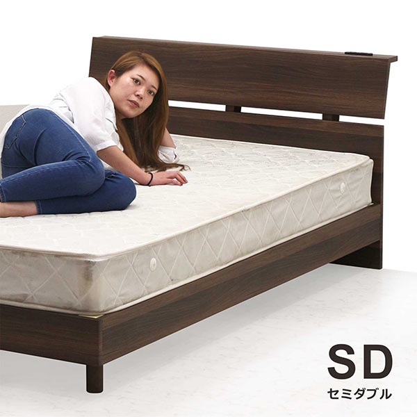 マット付き ベッド セミダブル セミダブルベッド すのこベッド コンセント付き 棚付き ボンネルコイルマットレス ブラウン シンプル おしゃれ ベーシック 木製 送料無料|モダン インテリア リック