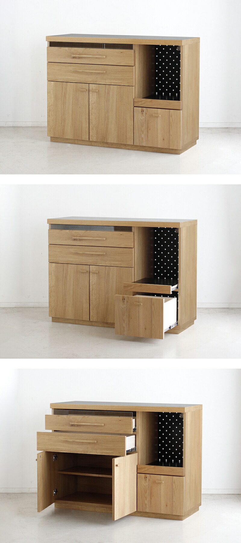 ステンレス天板 キッチンカウンター 1 大川家具 キッチン 作業台 レンジ台 大型レンジ対応 完成品 家電収納 引き出し収納 扉収納 オーク無垢材 有孔ボード ナチュラル ブラック シンプル モダン おしゃれ 国産 日本製 Linumconsult Co Uk