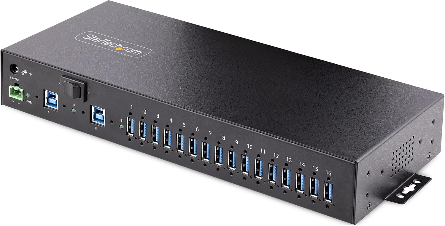 StarTech.com USB 3.0ハブ／16ポート（16x USB-A）／産業用メタル筐体／最大120W共有／ESD保護／PC2台切換／DIN・壁面・ラックマウント／工業用・業務用／Type-A 拡張 増設 USB マルチポート スプリッター 分配器 5G16AINDS-USB-A-HUB