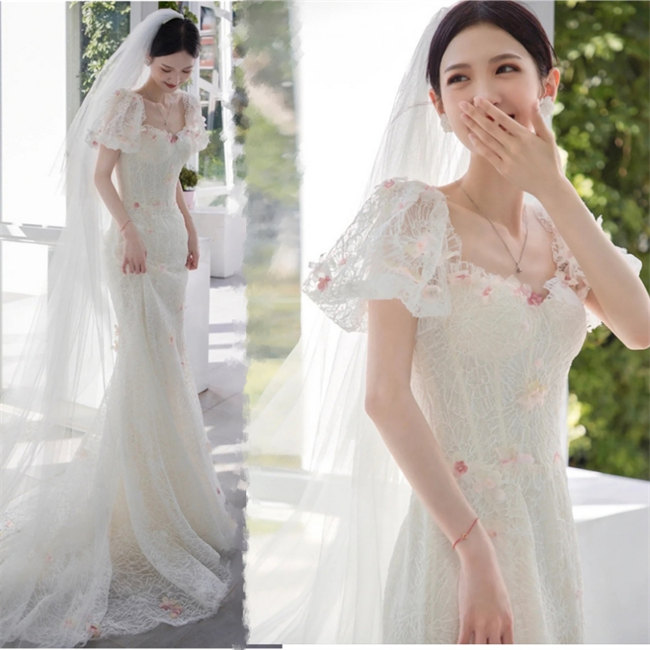ロングウェディングドレス花嫁結婚式披露宴フォマールドレスシンプルマーメイドウエディングドレスオフショルダーチュール可愛いブライドドレス発表会演奏会ドレス前撮り後取りパーティードレスXS~2XLサイズ立体花|Rikutonaショップ
