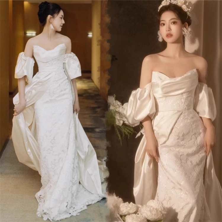 ロングウェディングドレスオフショルダー総レース花嫁結婚式披露宴フォマールドレスシンプルAラインウエディングドレスチュール可愛いブライドドレス発表会演奏会ドレス前撮りリボンパーティードレスXS~2XLサイズトレーンタイプ|Rikutonaショップ