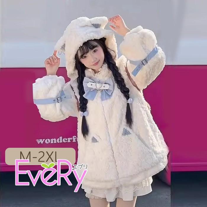 ロリータボンネット付き添い人もこコートキティフリースベアパーカーレディースM-2XLシュロの葉付き添い人好いたらしい生あたたかい防寒ロマンティックカジュアル今めかしいガーリー冬アウターホワイトゆったりc0wd