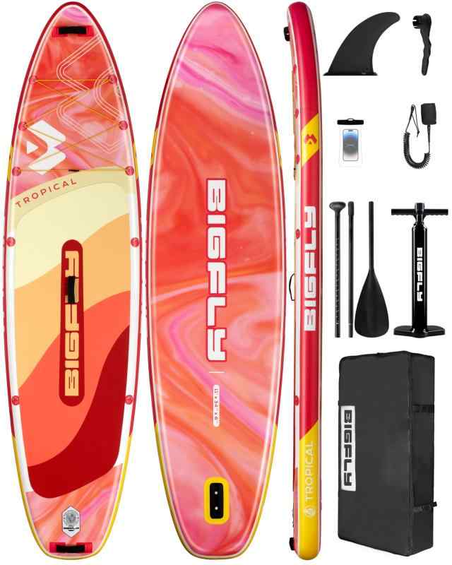 Bigfly インフレータブルスタンドアップパドルボード (SUP) 11’x34”x6” 大人用 軽量&耐久性 取り外し可能フィン、ポンプ、フローティングパドル、安全リーシュ、収納バッグ付き サーフィ