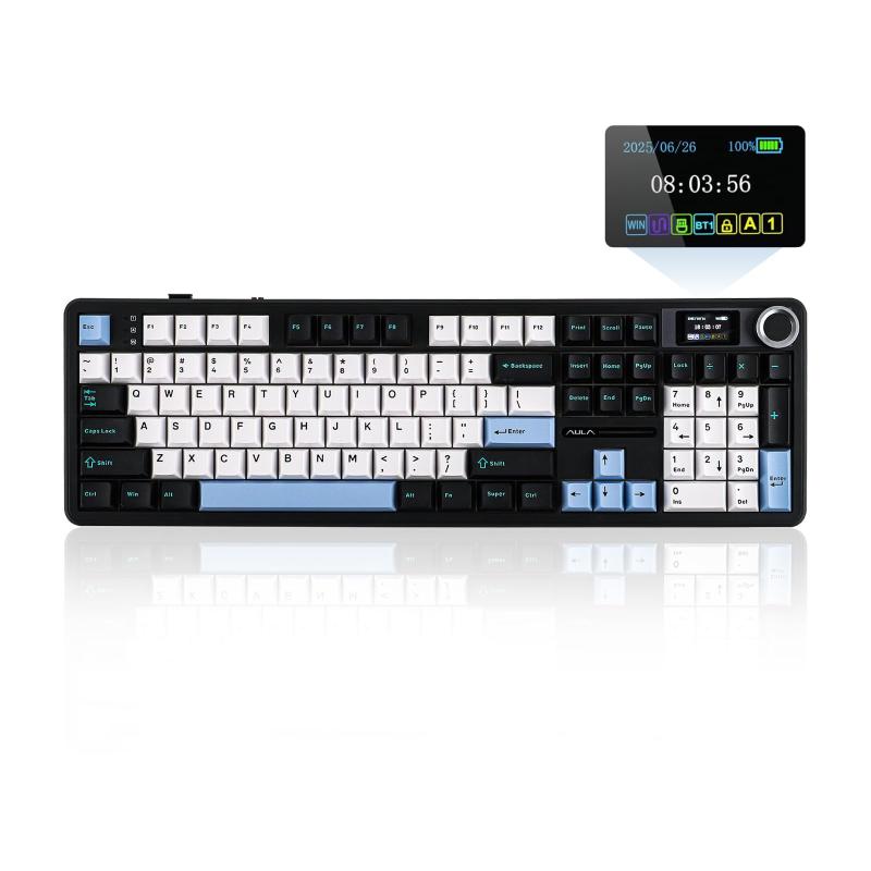 X Aula F108 PRO ワイヤレスゲーミングキーボード スクリーン付き 8000バッテリー ホットスワップ対応 プログラム可能な104個のキーとノブ RGBバックライト Mac/PC/Android用 技適認証取得 (Bl|利休プリン