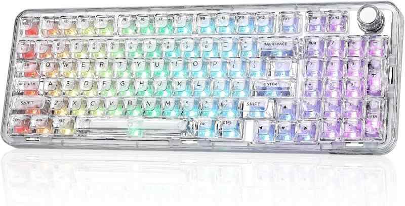 X98 QMK/VIA対応 ワイヤレス メカニカルゲーミングキーボード 透明キーキャップ 3モード接続 BT5.0/2.4GHz/USB-C ホットスワップ可能 潤滑済みスイッチ ガスケット構造 RGBバックライト ノブ付
