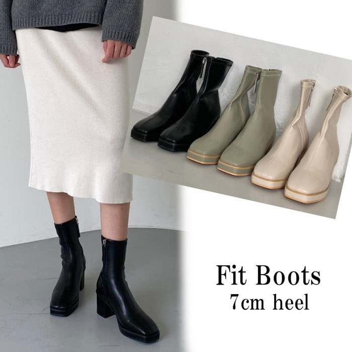 公式 ショートブーツ 太めヒール チャンキーヒール 7cm フィットブーツ レディース ブーツ ショート スクエアトゥ 黒 ブラック アイボリー カーキ 信頼 Www Caymanislandsrealty Com