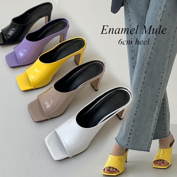時間指定不可 ミュール エナメル 太めヒール 6cm ハイヒール サンダル レディース お洒落サンダル スクエアトゥ サボ 黒 ブラック ベージュ 白 ホワイト イエロー パープル 特売 Stopinsectes Com