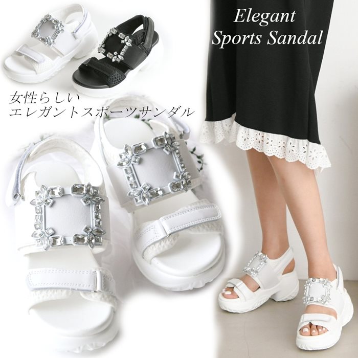 楽天市場 厚底サンダル レディース スポーツサンダル 厚底 7cm フラット サンダル 歩きやすい ストラップ ベルクロ ビジュー おしゃれ きれいめ 黒 ブラック 白 ホワイト Rilla By Uni