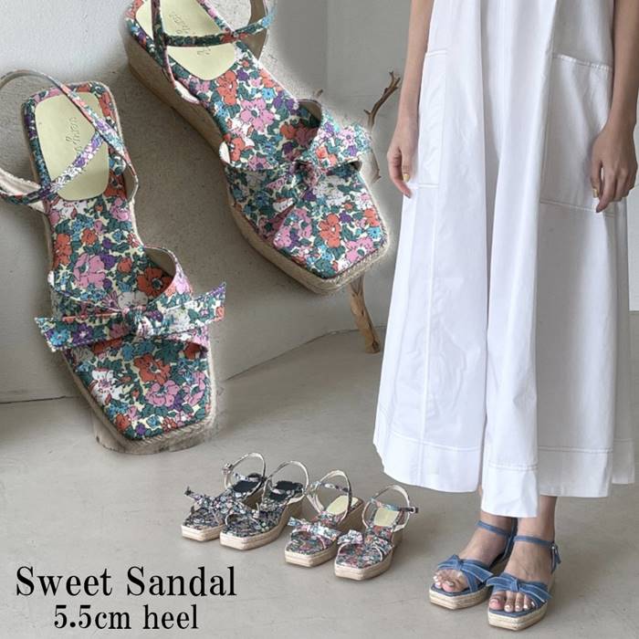 サンダル ウェッジヒール 5 5cm 花柄 リボン ストラップ ジュートソール レディース ウェッジサンダル 麻 ヒール おしゃれ デニム ネイビー イエロー Psicologosancora Es