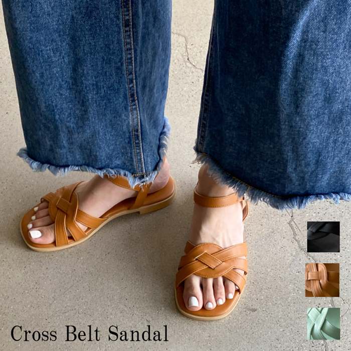 フラットサンダル レディース サンダル ローヒール ぺたんこ ストラップ 編み込み レディースサンダル シンプル ナチュラル 黒 ブラック ブラウン グリーン Sfeah Com