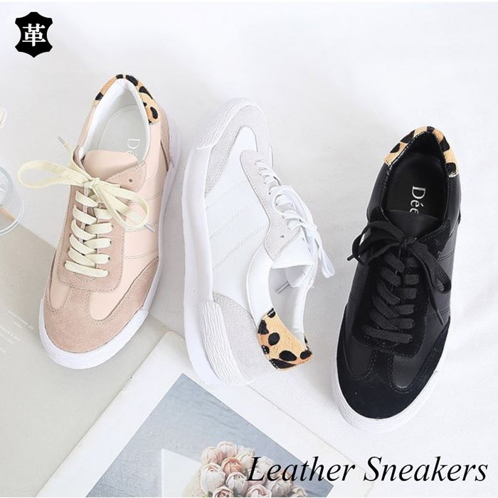 革 スニーカー レディース ローカット レザースニーカー 白 ホワイト 黒 ブラック ベージュ レオパード ヒョウ柄 紐 Meguiars Com Do