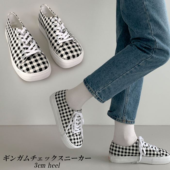 ギンガムチェック スニーカー レディース 厚底スニーカー 3cm ホワイトソール レースアップ 紐 スクエアトゥ｜RILLA by Uni 9,048円