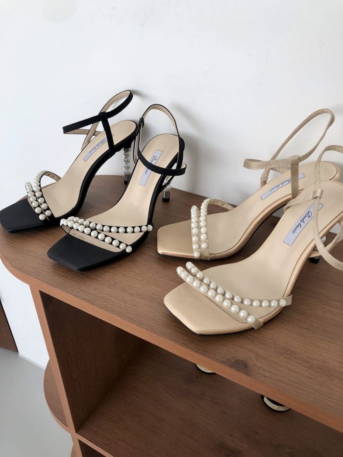 国内初の直営店 サンダル ハイヒール 9cm ピンヒール スクエアトゥ パール デザインヒール おしゃれサンダル 黒 ブラック ベージュ Fucoa Cl