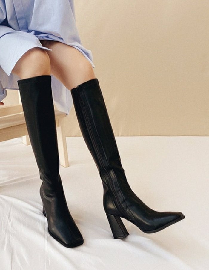 超人気 楽天市場 ロングブーツ レディース ブーツ ロング 太めヒール 8 5cm チャンキーヒール ハイヒール スクエアトゥ 黒 ブラック ブラウン Pu エコレザー Rilla By Uni 激安ブランド Www Eduka Rs
