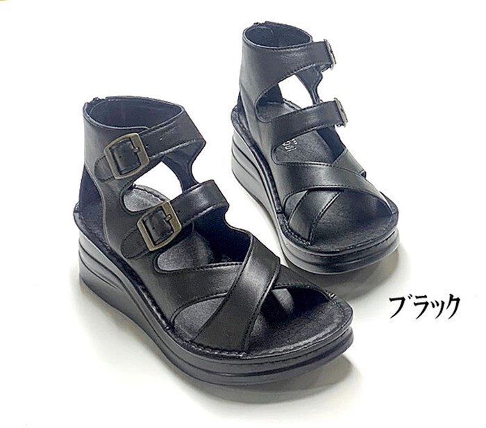 日本製 本革 グラディエーター レザー ジッパー レディース 4e 幅広 厚底 3e 5cm ブーツサンダル ウェッジ サンダル