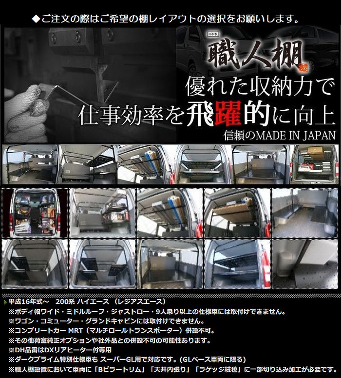 職人棚200系ハイエース2/4WD標準ボディロールーフのみ[グレードS-GL(ダークプライム含む)◆製品選択必要※ミドルルーフ,ハイルーフ不可◆ご注文確定後の受注生産品（安心の日本製）後払注文不可｜リムコーポレーション