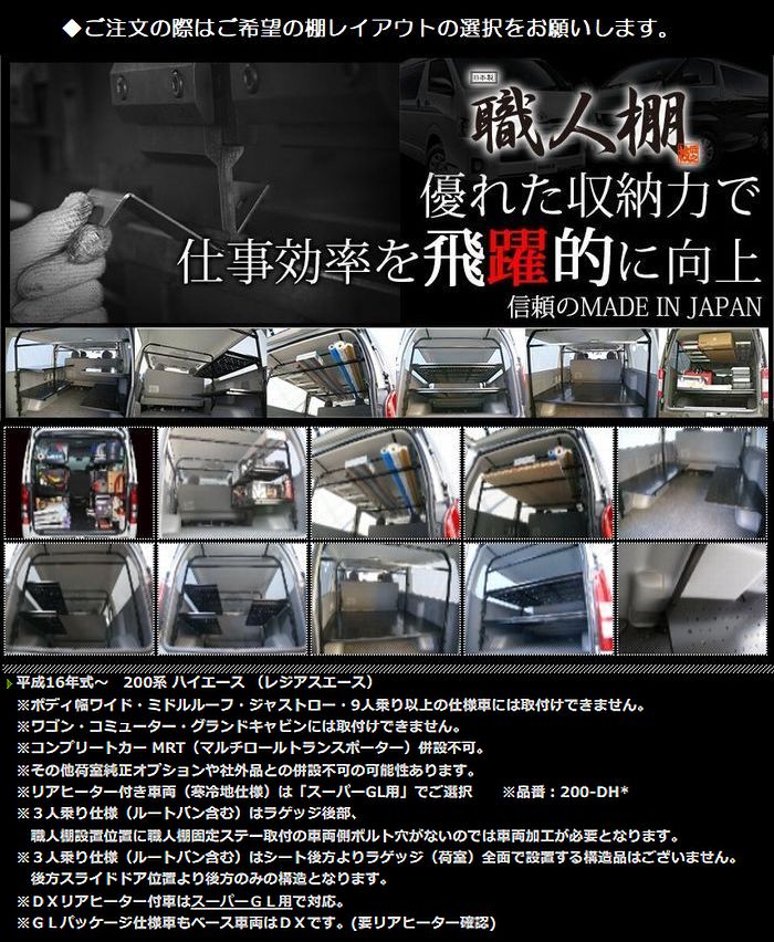 職人棚200系ハイエース2/4WD標準ボディロールーフ[グレードDX(GLパッケージ含む)リアヒーター無車両のみ]◆製品選択必要※ミドルルーフ,ハイルーフ不可◆ご注文確定後の受注生産品（安心の日本製）後払注文不可｜リムコーポレーション