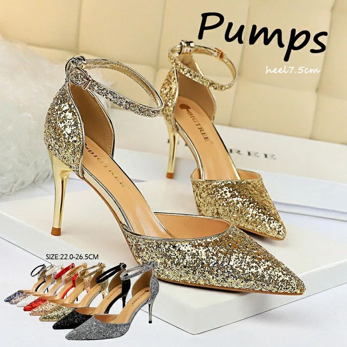 ヒール pumps ピンヒール ラメ パンプス サンダル 結婚式 入学式 美脚 グリッター 歩きやすい ハイヒール 7.5cmヒール レディース パンプス 短納期 ポインテッドトゥ 結婚式 卒業式 ラインストーン アンクルストラップ キラキラ パンプス