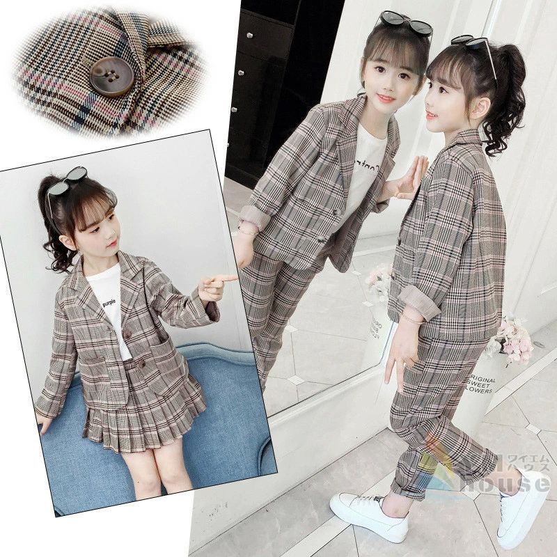 フォーマル 入学式 キッズ パンツ 子供服 女の子 おしゃれ 長袖 2点セット チェック柄 セットアップ 春秋 スカート 子供スーツ