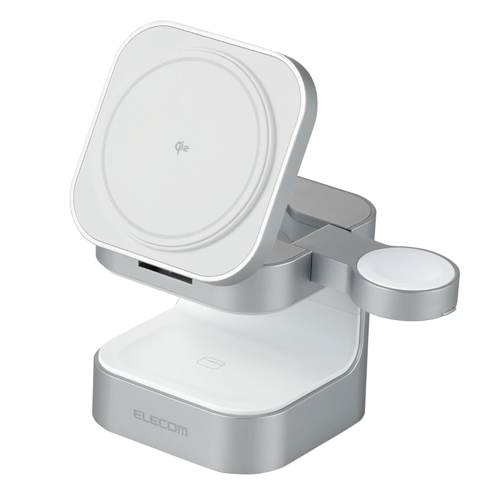 エレコム Qi2 充電器 ワイヤレス 15W 3in1 Apple Watch 認証モジュール付き スタンド型 シルバー EC-MS09SV