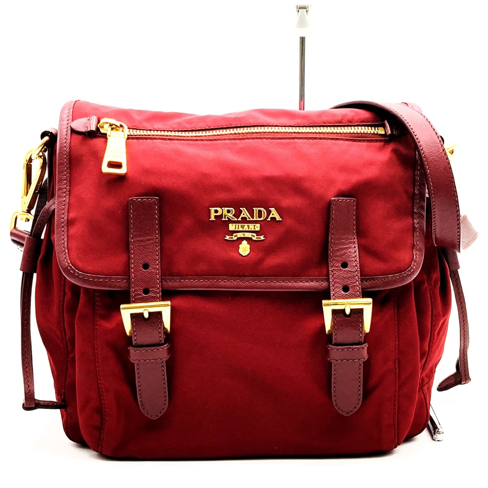 PRADA プラダ ショルダーバッグ 斜め掛け ベルト ナイロン レッド 赤 ゴールド レディース メンズ ファッション USED 【中古】【ELGZN】