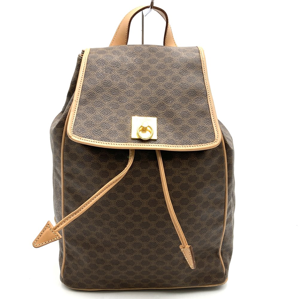 【CELINE】ミニリュック　マカダム柄　ゴールド金具　PVC ダークブラウン CELINE】ミニリュック マカダム柄 ゴールド金具 PVC ダーク