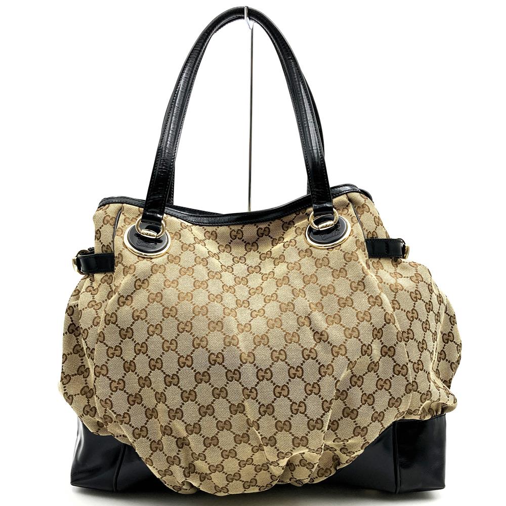 GUCCI グッチ 203528 トートバッグ ショルダーバッグ GGキャンバス ベージュ×ブラック レディース メンズ ブランド USED【中古】