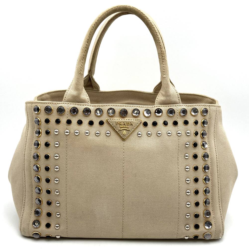PRADA プラダ カナパビジュー トートバッグ ハンドバッグ スタッズ キャンバス ベージュ アイボリー レディース【中古】