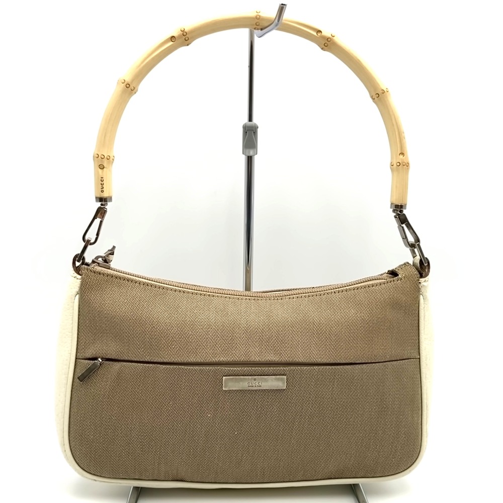 GUCCI グッチ 001 3865 バンブー ハンドバッグ アクセサリーポーチ キャンバス レザー ベージュ レディース【中古】