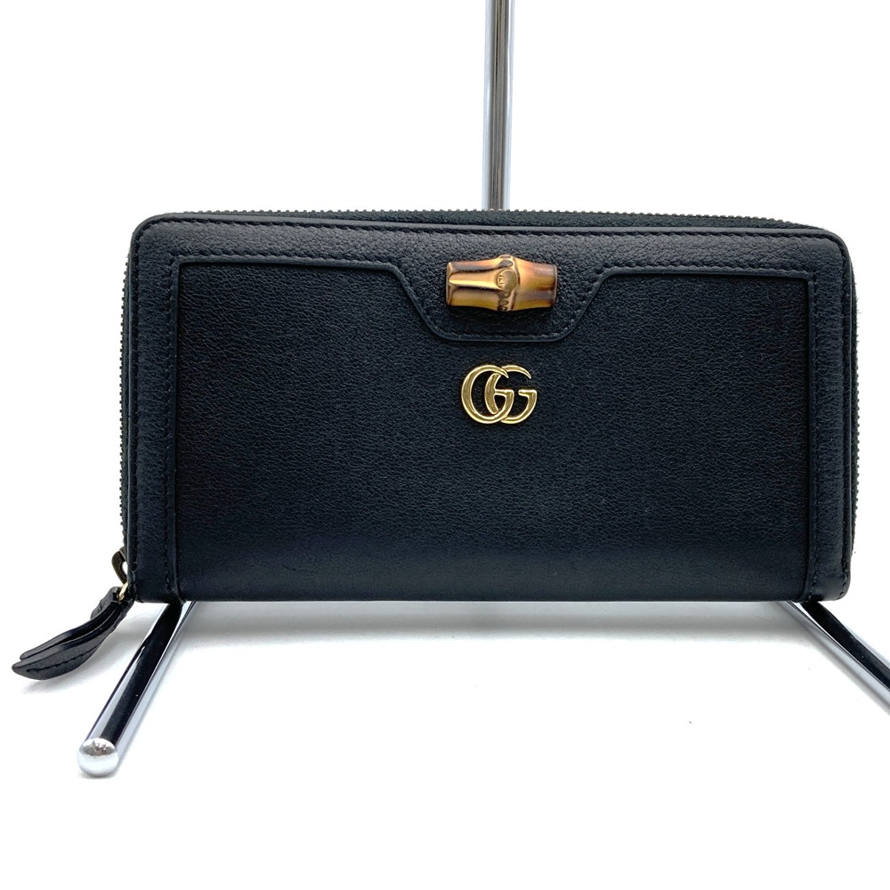 GUCCI グッチ 658634 長財布 バンブー ダブルG ラウンドジップ レザー ブラック 長財布 レディース【中古】